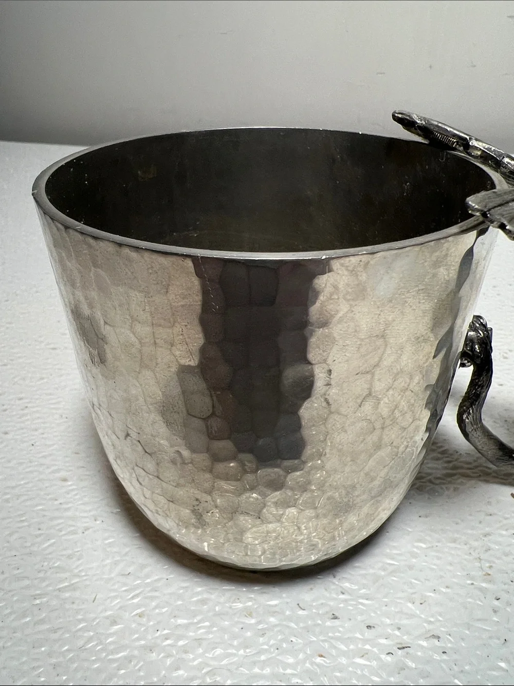 Ballema Bay Pewter Hammered Silver Cup with Decorative Winged Dragon Handle 1990